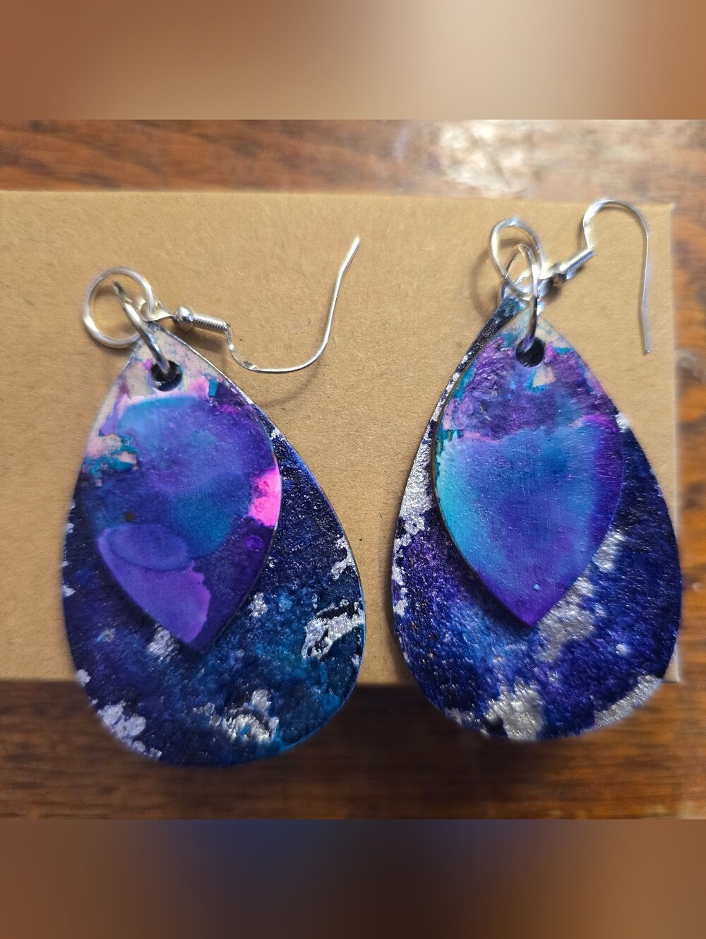 HANDCRAFTED Wood Dangle Earrings HANDPAINTED Layered Pierce Earrings Multi Color